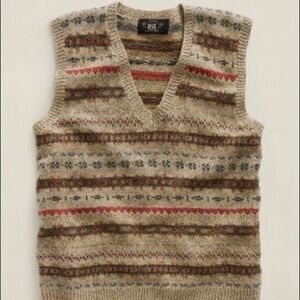 Double RRL Tan Multi Fair-isle V Neck Sweater Vest